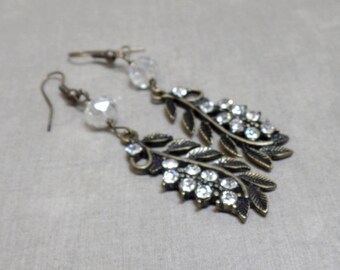 Bronze Rhinestone Leaf Earrings - Bohemian Leaf Earrings - Boho Leaf Earrings