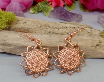 Flower of Life Earrings - Sacred Geometry Earrings - Mandala Earrings - Rose Gold Earrings - Copper Earrings