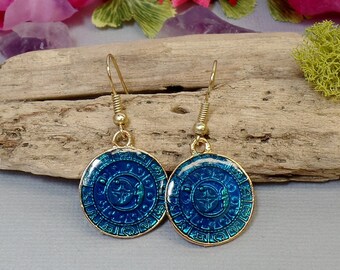 Blue Zodiac Medallion Earrings - Blue Resin Earrings - Zodiac Coin Style Earrings - Gold Zodiac Charm Earrings - Double Sided