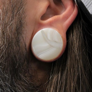 White Line Agate Stone Plugs Double Flare - Beige and White Striped Organic Gauges PAIR 3mm-26mm