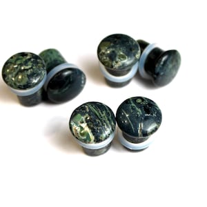 Green Eye Jasper Single Flare Stone Plugs - Green and Black Natural Gauges PAIR 3mm-20mm