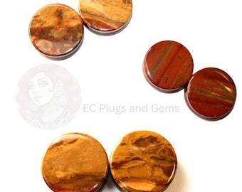 Desert Ocean Jasper Double Flare Plugs – You Pick Pair of Yellow and Red Natural Stone Gauges 3mm-35mm