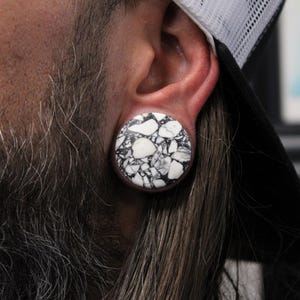 Howlite Stone Plugs - Black and White Marbled Gauges Double Flare Pair