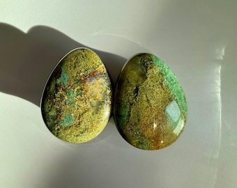 Fall Moss Agate Stone Teardrop Plugs Pair