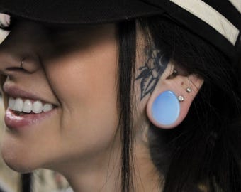 Opalite Tear Drop Double Flare Plugs Pair Glass Iridescent Gauges