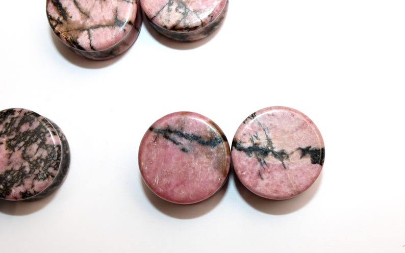 Rhodonite Stone Plugs - Pink and Black Webbed Gauges Pair