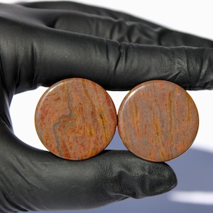 May include: Two round, polished plugs with a natural, earthy pattern of red, brown, and yellow hues. The plugs are held against a white background by a gloved hand, showcasing the intricate details of the stone.