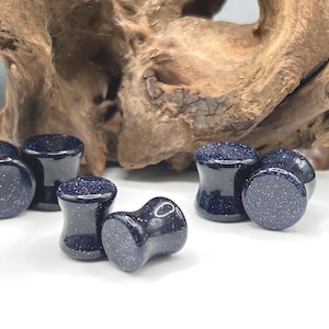 Double Flare Blue Goldstone Plugs – Shimmering Stone Gauges PAIR - Galaxy Night Sky Plugs 3mm-16mm