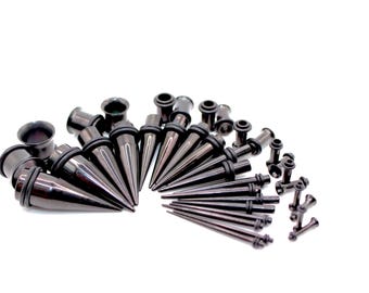 Stainless Steel Ear Stretching Kit – Black Tapers and Plugs (14G-00G)