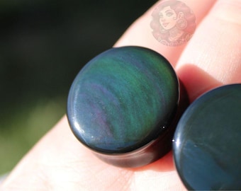 Rainbow Obsidian Double Flare Plugs – Rare Natural Black Stone Ear Gauges with Subtle Color Pair 5mm-35mm