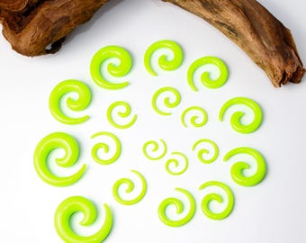 Green Acrylic Spiral Earrings – Neon Gauge Pair, Lightweight Ear Spirals, Unique Alternative Jewelry, Body Piercing Gift