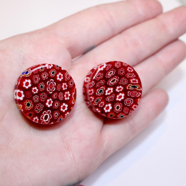Red Floral Glass Plugs Double Flare