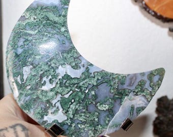 Moss Agate Crescent Moon on Metal Stand – Handpicked Natural Green Crystal Display – Earthy Gemstone for Décor & Gift (You Choose!)