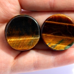 May include: Two round tiger's eye stone plugs. The plugs are held in a hand and have a polished, smooth surface. The colors are a mix of dark brown, gold, and hints of blue-green, with a striped pattern. These are likely used for ear piercings.