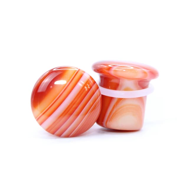 Carnelian Agate Stone Single Flare Plugs PAIR Red and Orange Striped Gauges 3mm-20mm