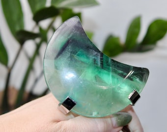 Fluorite Crescent Moon – Natural Polished Green and Purple Crystal on Silver-Tone Stand, Decorative Display Piece or Gift