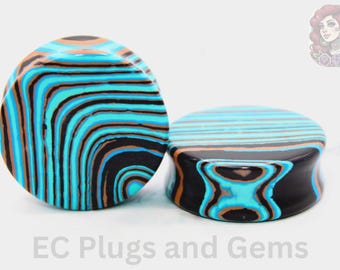 Blue Malachite Double Flare Stone Plugs - Striped Blue Gauge PAIR 3mm-50mm