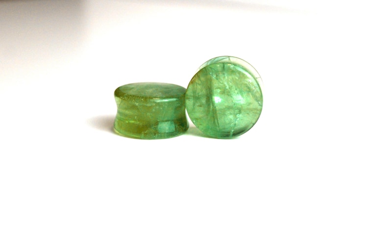 Green Fluorite Double Flare Stone Plugs – Natural Crystal Gauges Pair 3mm-32mm image 1