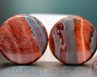 Red Tiger Eye Stone Double Flare Plugs Pair Red and Silver 3mm-25mm