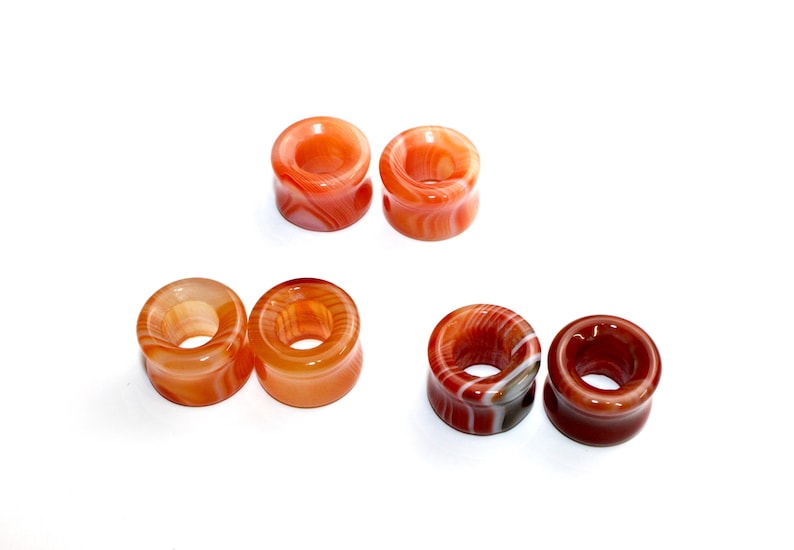 Carnelian Agate Striped Red and Orange Stone Tunnel Plugs