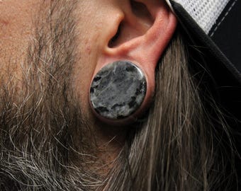 Black Labradorite Larvikite Stone Plugs Double Flare Pair - Moon Surface Gauge Black and Gray 3mm-25mm
