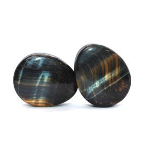Blue Tiger Eye Stone Tear Drop Double Flare Plugs Pair Natural Organic Gauges 6mm-25mm