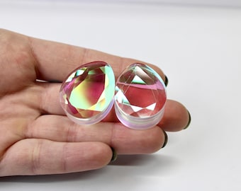Faceted Diamond Iridescent Glass Tear Drop Plugs 8mm-25mm