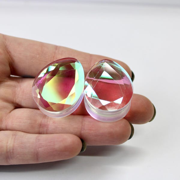 Faceted Diamond Iridescent Glass Tear Drop Plugs 8mm-25mm