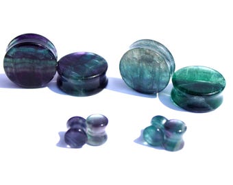 Rainbow Fluorite Stone Plugs Double Flare –Pair of Natural Crystal Gauges in Vibrant Purples & Greens 3mm-35mm- Yellow Fluorite as Variation