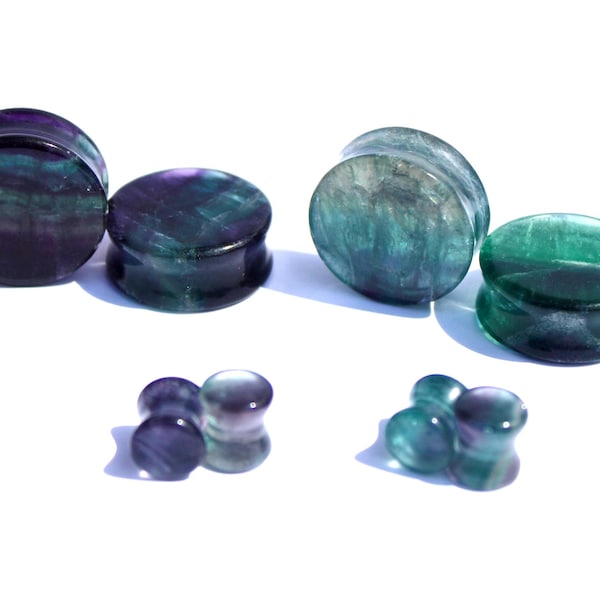 Rainbow Fluorite Stone Plugs Double Flare –Pair of Natural Crystal Gauges in Vibrant Purples & Greens 3mm-35mm- Yellow Fluorite as Variation