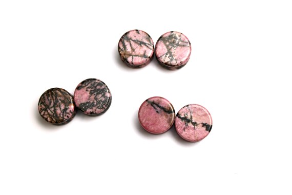 Rhodonite Stone Double Flare Plugs Pink with Brown/Black webbing - Pair 3mm-30mm