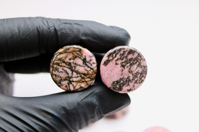 Rhodonite Stone Plugs - Pink and Black Webbed Gauges Pair