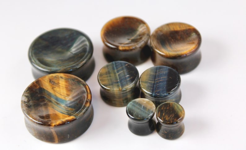 Blue Tiger Eye Stone Plugs – Double Flare Falcon’s Eye Stone Gauges (Pair) 3mm-32mm