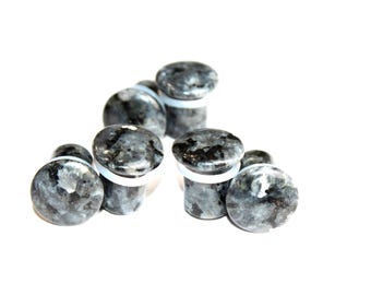 Larvikite Stone Single Flare Plugs with O-Ring PAIR, Black Labradorite Gauges