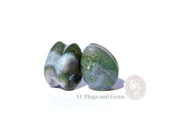 Moss Agate Tear Drop Plugs Double Flare Pair Green Stone Gauges 6mm-25mm
