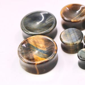 Blue Tiger Eye Stone Plugs – Double Flare Falcon’s Eye Stone Gauges (Pair) 3mm-32mm