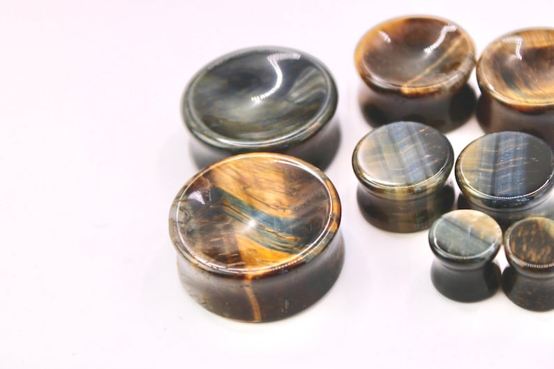 Blue Tiger Eye Stone Plugs – Double Flare Falcon’s Eye Stone Gauges (Pair) 3mm-32mm