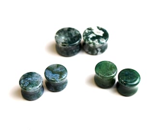 Moss Agate Stone Plugs - "A" Grade Double Flare Pair Stone Green Gauges 3mm-30mm