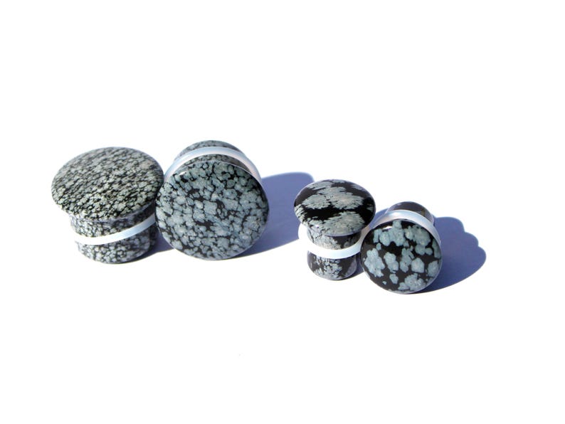 Snowflake Obsidian Black and Gray Single Flared Stone Plugs Pair 3mm-20mm