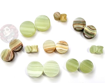 Green Onyx Double Flare Stone Plugs – Natural Light Green and Brown Striped Gauges in 6mm–25mm