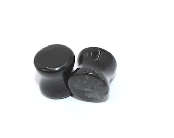 Double Flare Black Tourmaline Stone Plugs – Polished Crystal Gauges 5mm-16mm