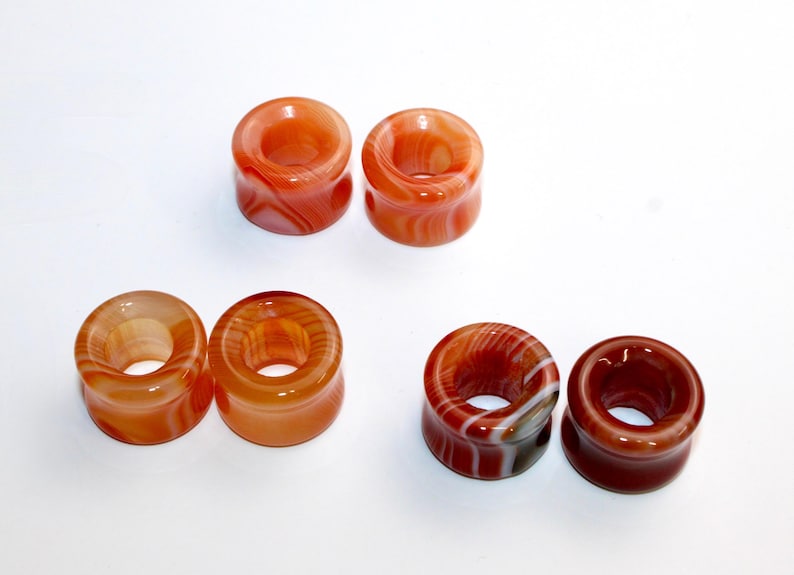 Carnelian Agate Striped Red and Orange Stone Tunnel Plugs