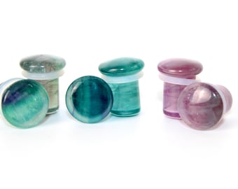 Fluorite Stone Purple and Green Single Flare Plugs Pair 4mm-25mm