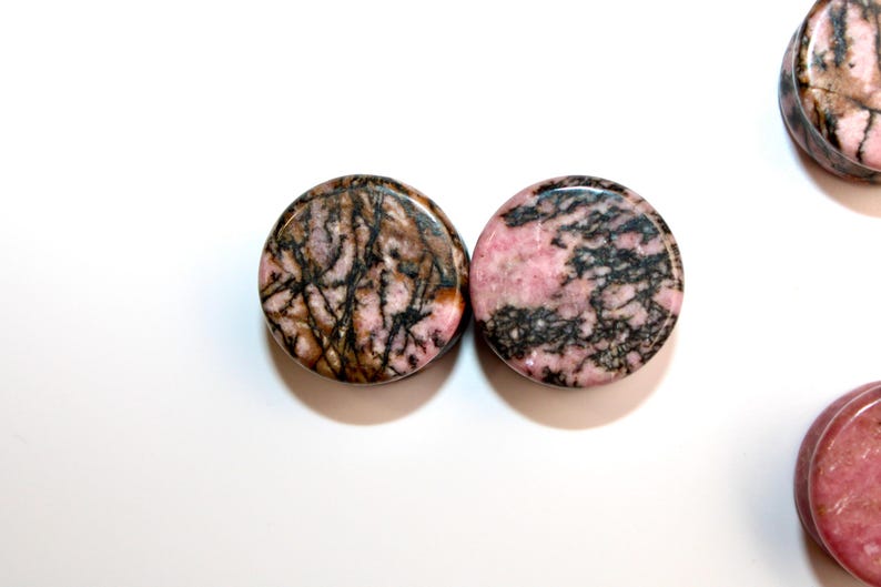 Rhodonite Stone Plugs - Pink and Black Webbed Gauges Pair
