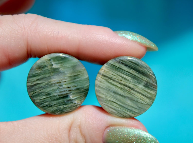 A bold pair of Green Jasper Double Flare Plugs sits elegantly on a neutral surface, radiating natural strength and earthy charm. Each plug is carved from genuine Green Jasper, showcasing deep olive and forest tones, marbled with organic patterns of b