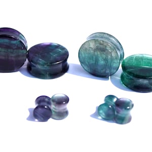 Rainbow Fluorite Stone Plugs Double Flare – Natural Crystal Gauges in Vibrant Purples & Greens 3mm-35mm- Yellow Fluorite Listed as Variation
