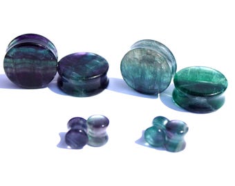 Rainbow Fluorite Stone Plugs Double Flare – Natural Crystal Gauges in Vibrant Purples & Greens 3mm-35mm- Yellow Fluorite Listed as Variation