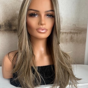 Monofilament Lace front 22&quot; Lightly Layered Straight Synthetic, Partially Hand Tied Wig Mixed Golden Brown and Blonde/Bronde