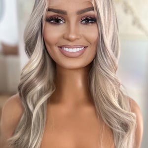 24" Ash Blonde Lace Front Wig: Platinum Brown Rooted Synthetic Hair