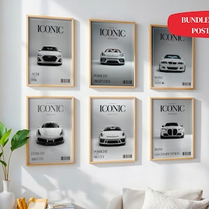 May include: Six framed posters with the word "ICONIC" and images of luxury cars, including Audi, Porsche, Ferrari, and BMW models. The posters are in wooden frames and are displayed on a white wall.
